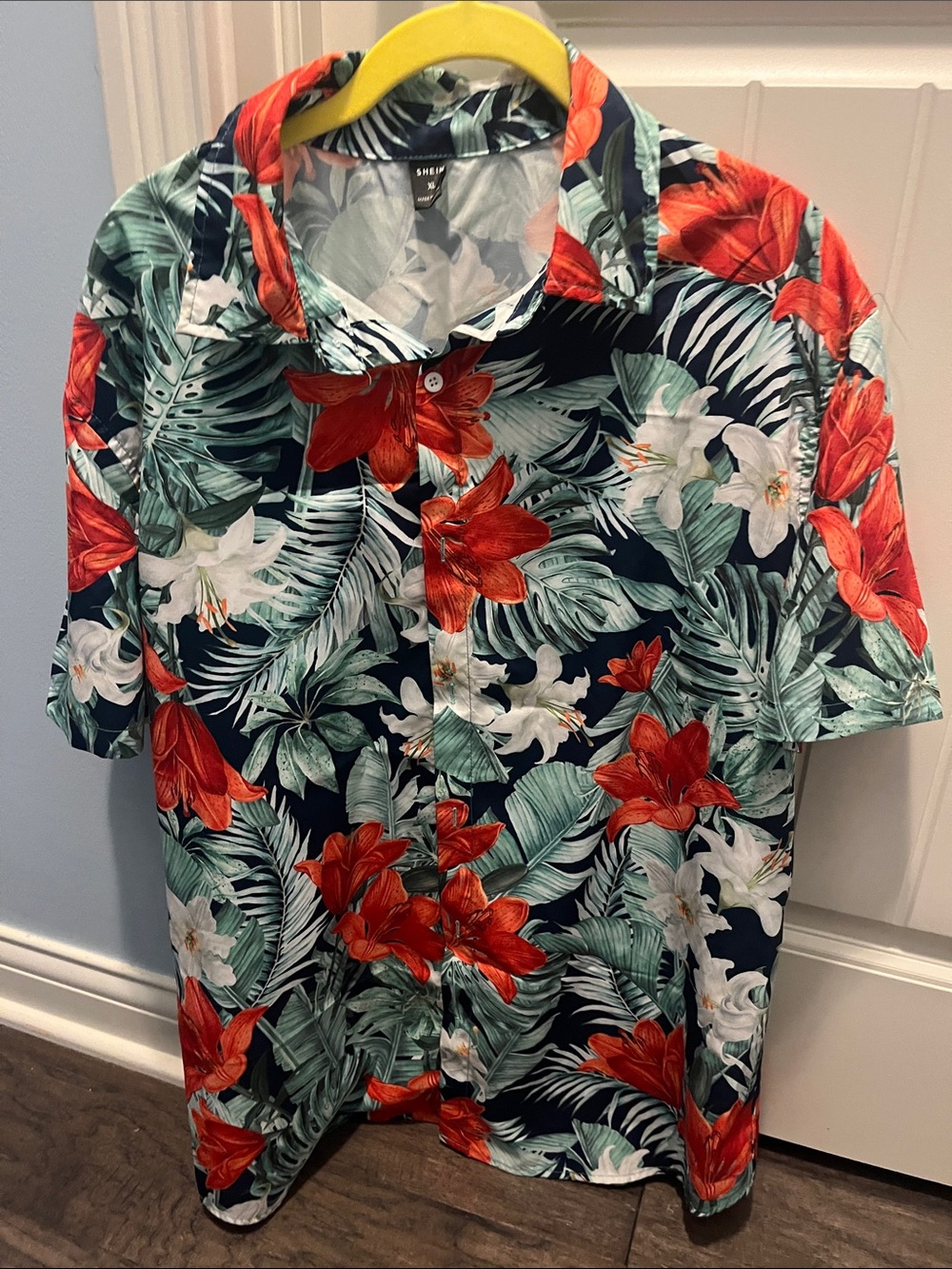 SHEIN Navy Tropical Floral Button-Up Shirt with Red & Green